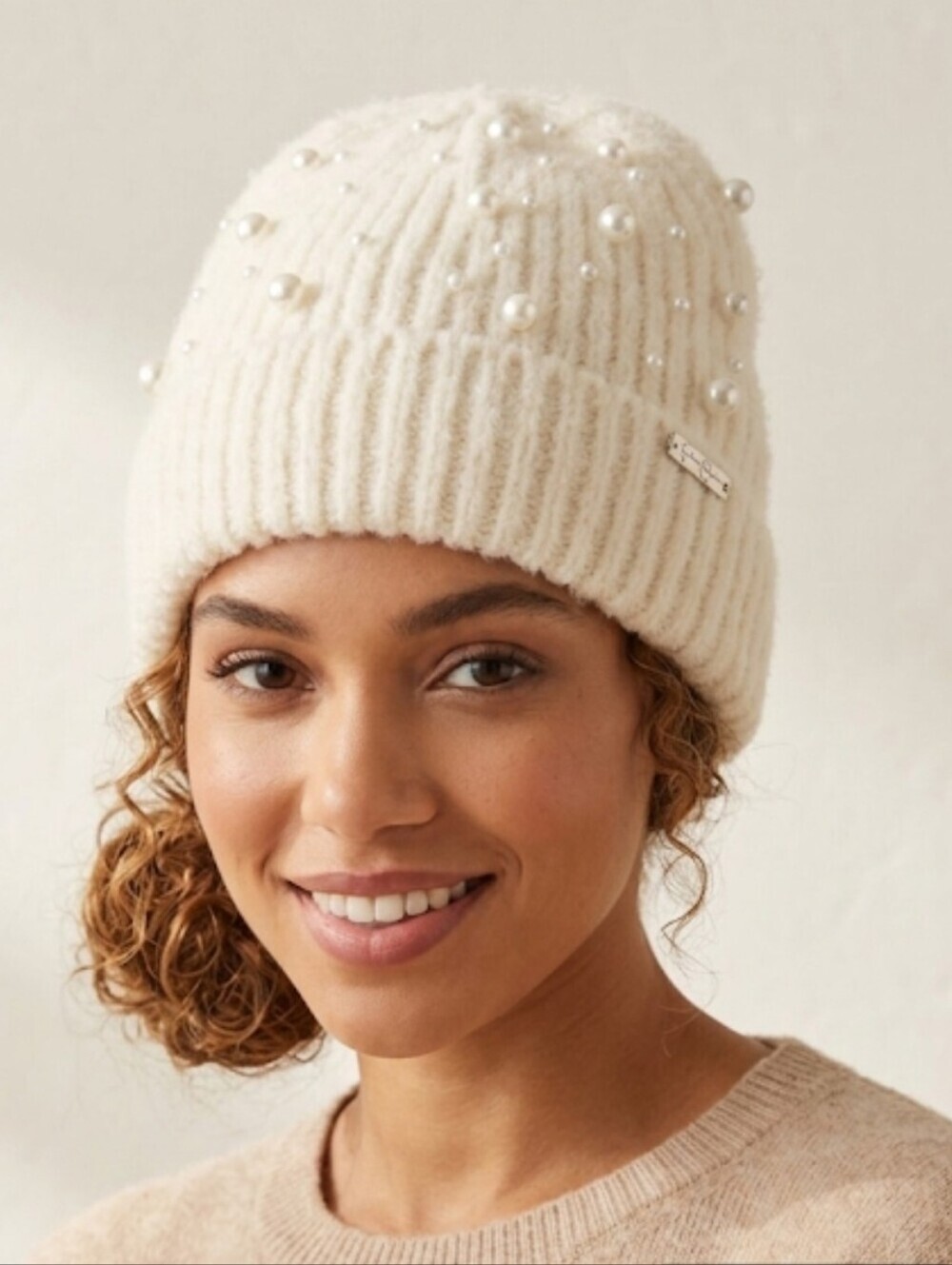 NWT Jessica Simpson Pearl Knit Beanie Hat Cream Ivory Ribbed Cuffed Winter OS